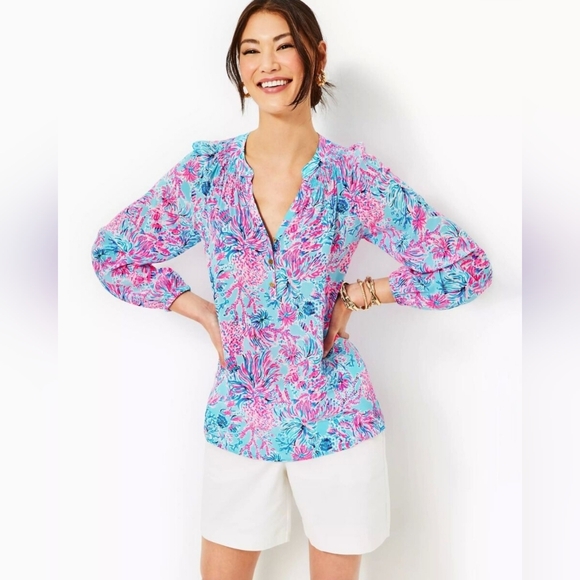 NWT Lilly Pulitzer Elsa top celestial blue seek and sea size small 100% silk - Picture 1 of 6